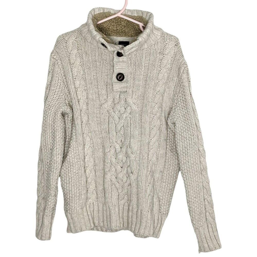 GAP Cable Knit Sweater Girls Oatmeal Wool Blend Faux Fur Collar Button Sz S 6-7